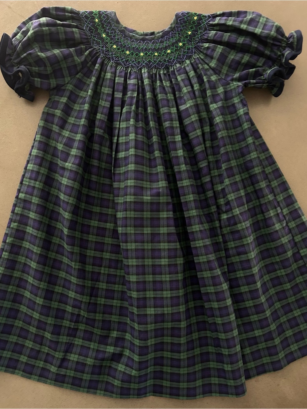 3 Southern Sunshine Steward Plaid Smocked Bishop Dress in Green & Blue EUC